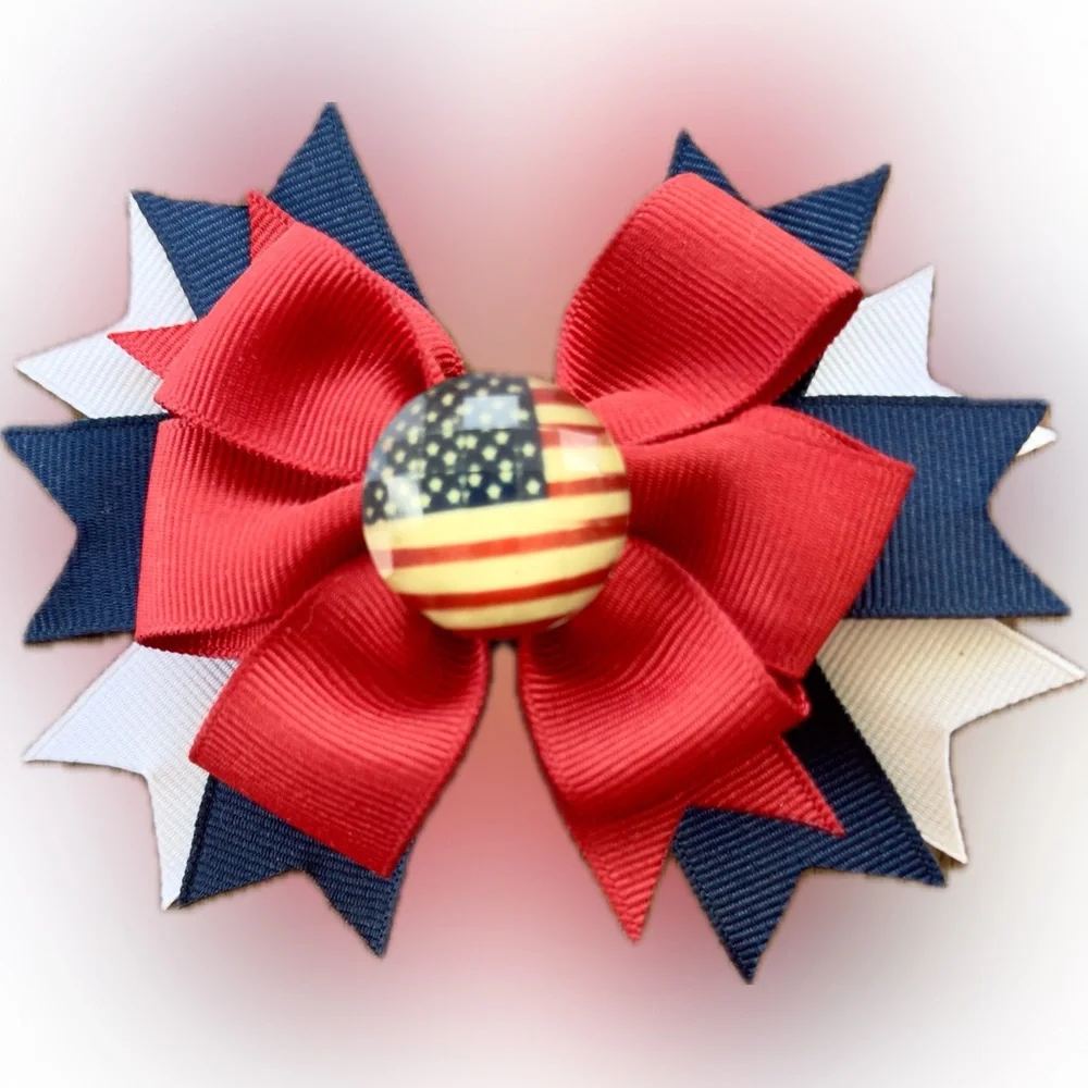 Red/White/Blue Flag Embellished Hair Bow with Clip - Handmade by Me
